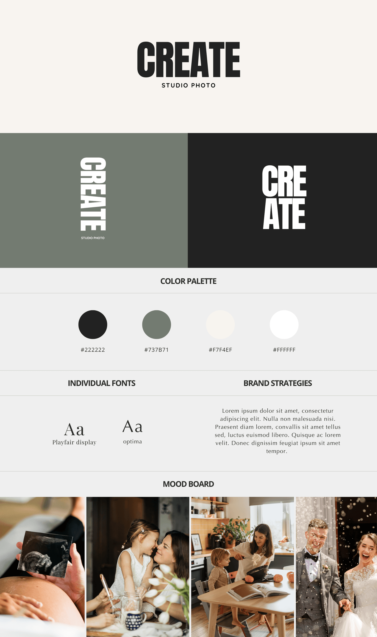 Brand kit du thème Imani avec palette de couleurs et typographies pour site photographe et vidéaste
