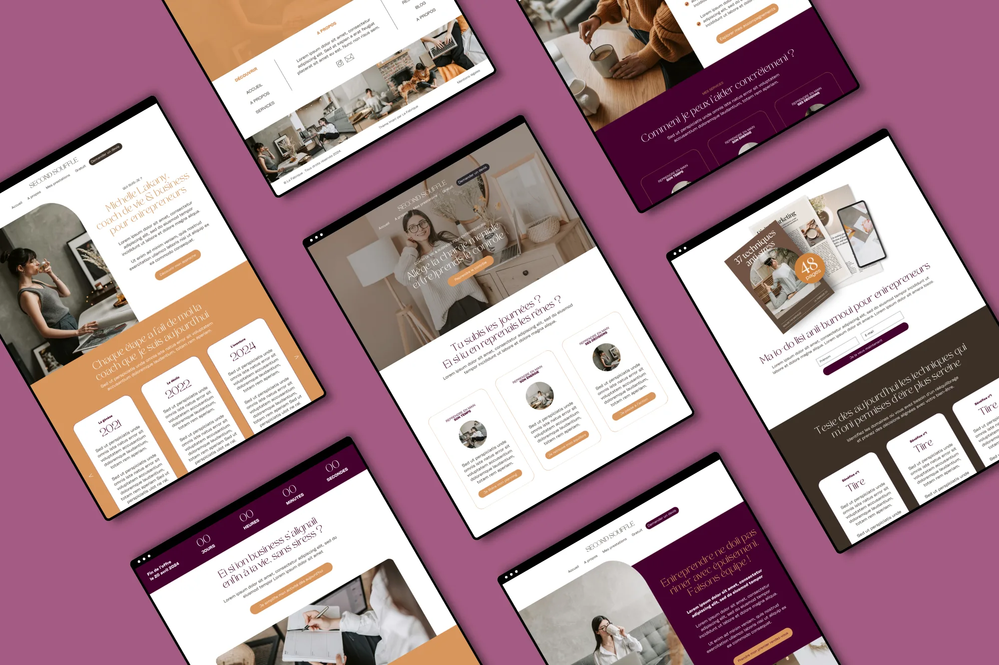 Maquettes du modèle de site Michelle pour coachs bien-être et thérapeutes