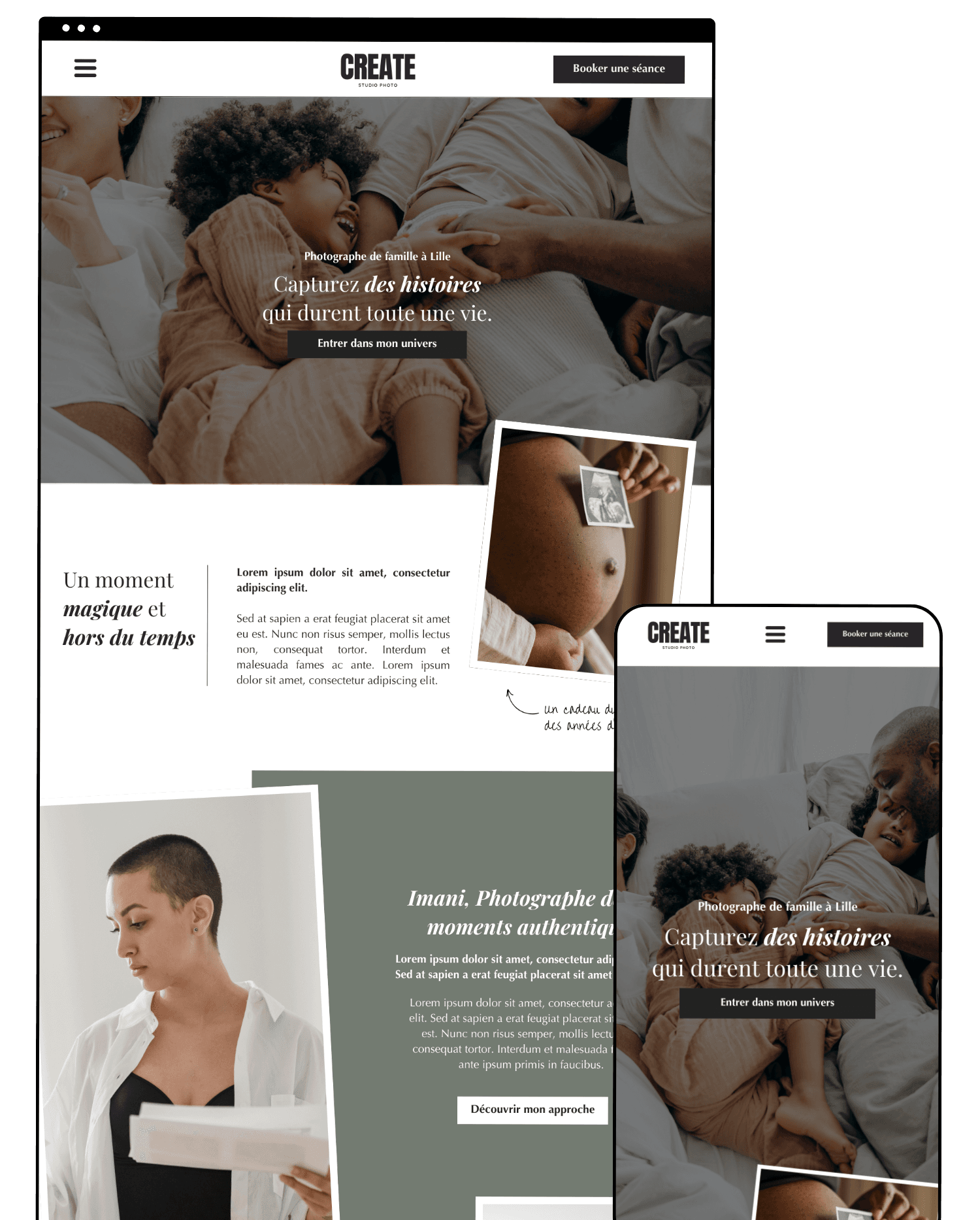 Mock-up du modèle de site Imani affiché sur mobile et ordinateur pour photographes, vidéastes et créatifs
