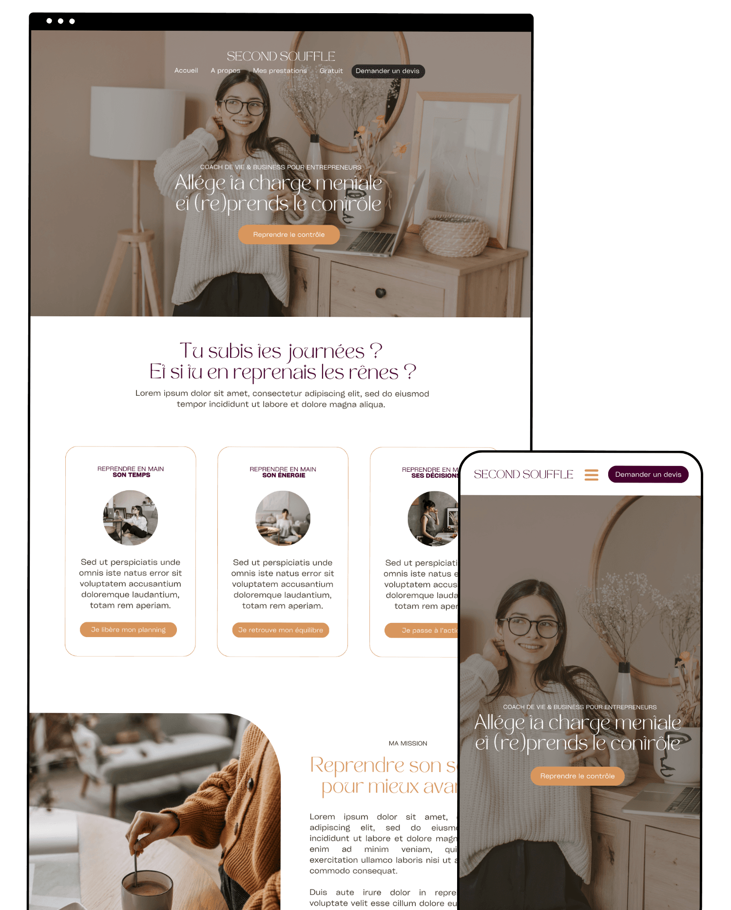 Mock-up du modèle de site Michelle affiché sur mobile et ordinateur pour coachs bien-être et thérapeutes