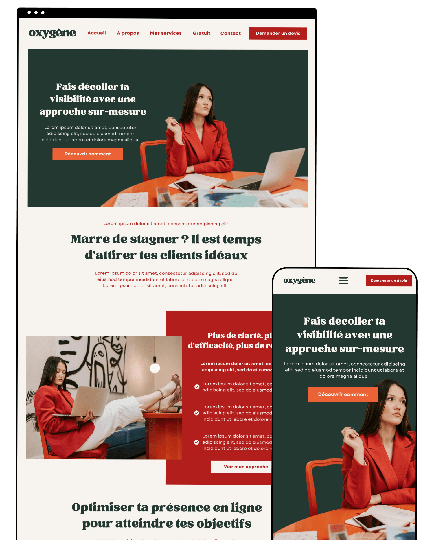 Mock-up site web thème Olivia – modèle pour coachs, consultants, stratèges digitales et experts business. Version ordinateur et mobile.