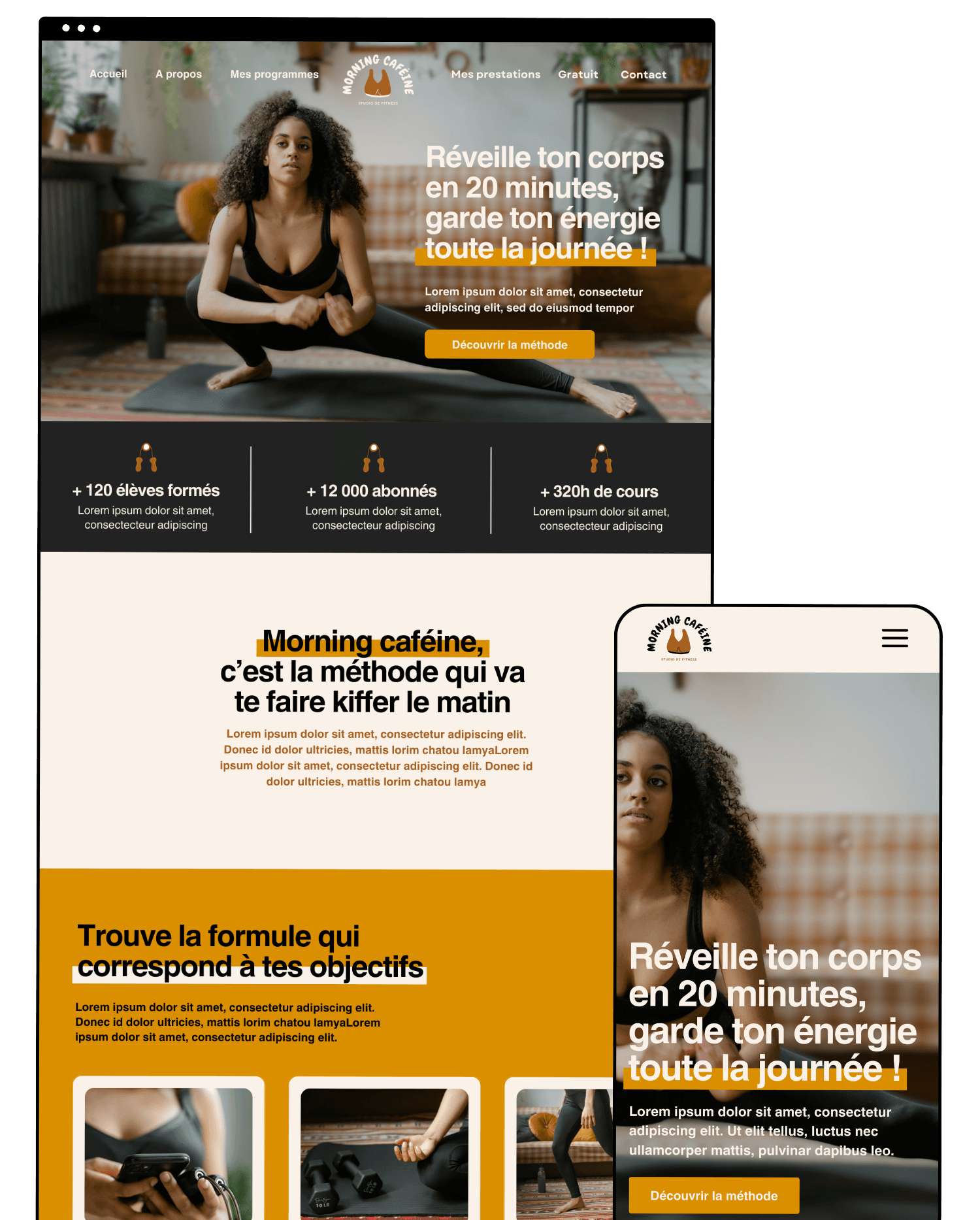 Mock-up du modèle de site Séréna affiché sur ordinateur et mobile pour coachs sportifs, professeurs de yoga et professionnels du bien-être