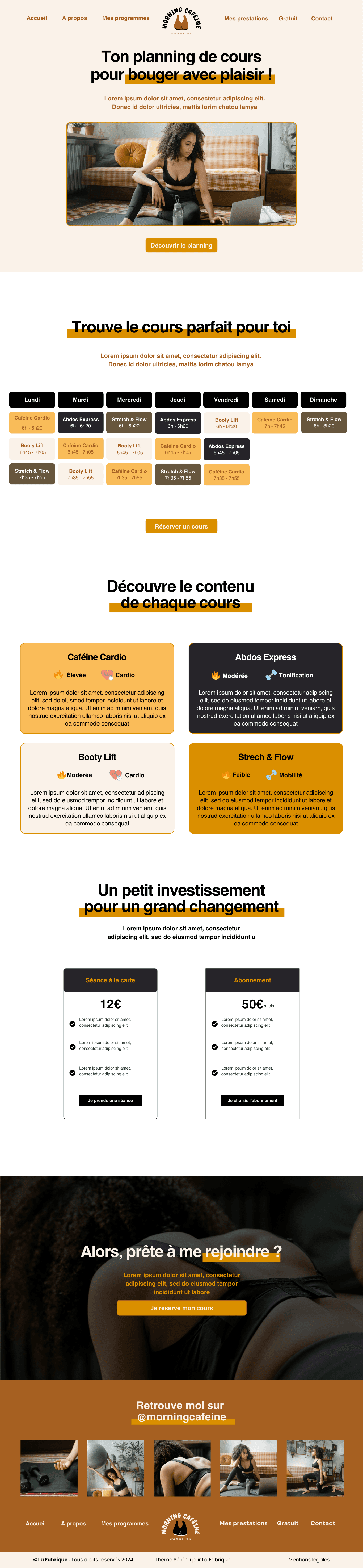 Page Planning du modèle de site Séréna pour coachs sport, yoga et bien-être