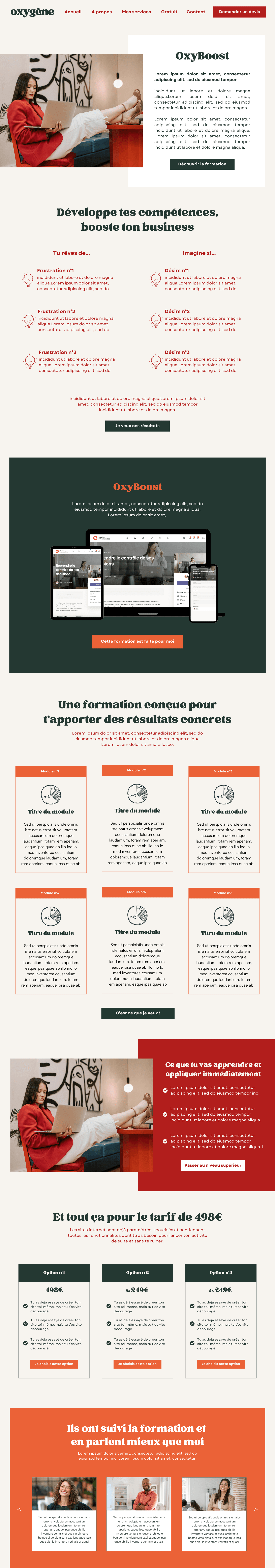 Page Formation du thème Olivia – modèle de site conçu pour formatrices et consultantes, idéal pour présenter un programme, détailler le contenu et inciter à l’inscription.