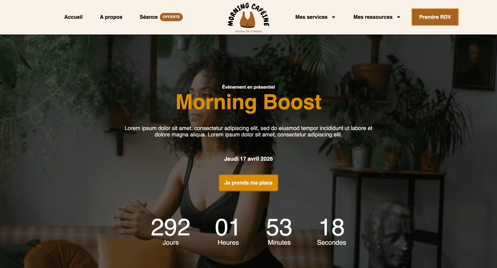 Aperçu d’un atelier thématique pour prof de yoga ou coach sportif – visuel Morning Boost avec compte à rebours et bouton de réservation.