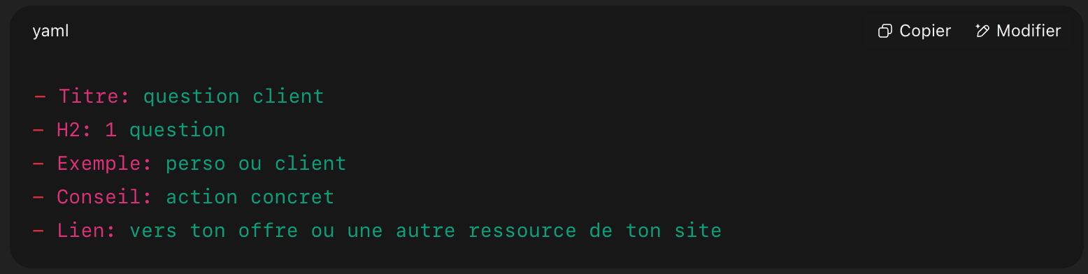 Checklist blog pour structurer un article SEO : titre avec question client, H2 question, exemple perso ou client, conseil action concret, lien vers offre ou ressource