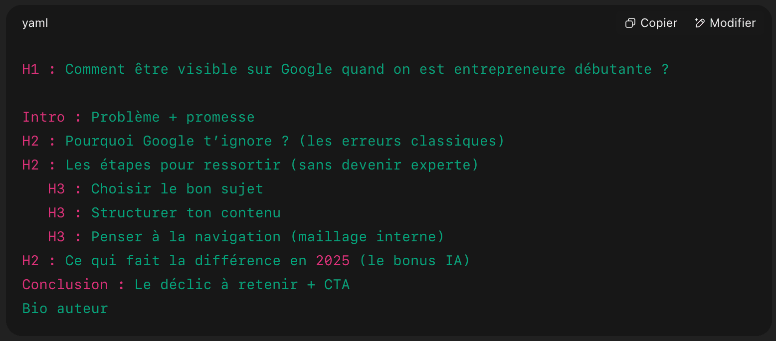 Exemple de plan d’article de blog pour être visible sur Google, avec titres, sous-titres, erreurs fréquentes, étapes à suivre, bonus IA, conclusion et bio auteur"