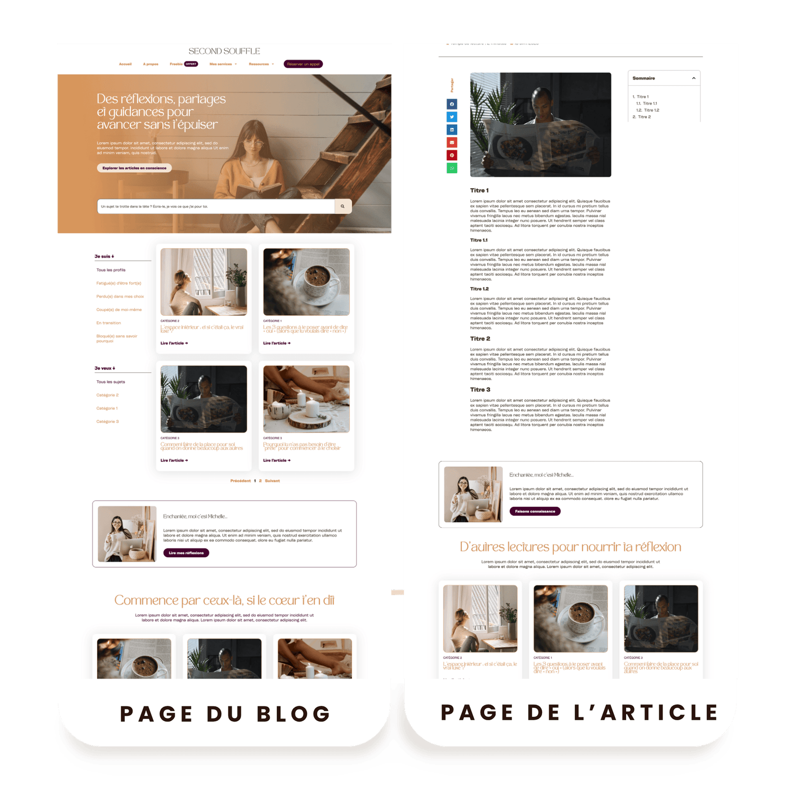 Exemple de page de blog optimisée et de page d’article optimisée pour le SEO, montrant la structure idéale recommandée par Google avec navigation claire, catégories, résumé des articles, suggestions de lecture et bio auteur