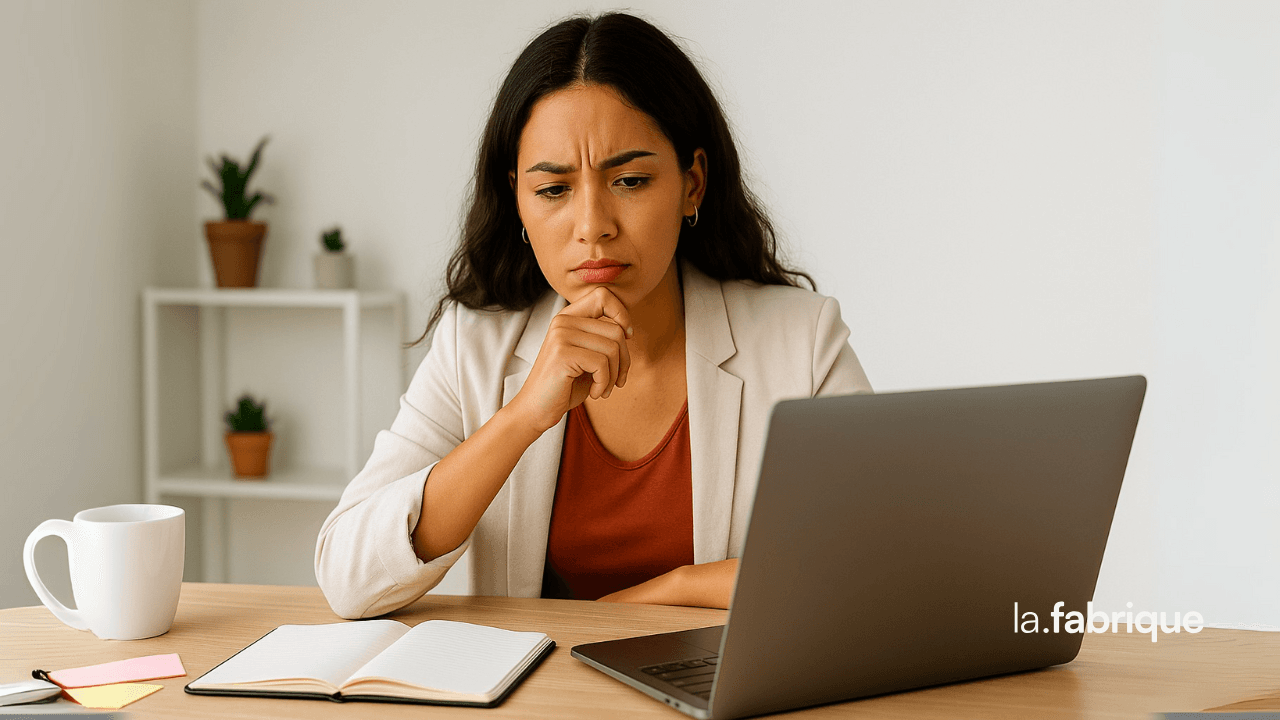 Femme entrepreneure hispanique assise à son bureau, l’air perplexe devant son ordinateur portable, illustrant les doutes liés au choix de plateformes comme Themeforest, Etsy ou Templately.