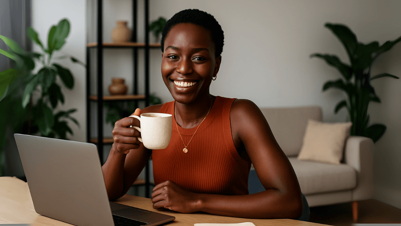 Femme entrepreneure noire dark skin, assise détendue devant son ordinateur portable avec une tasse de café, illustrant la sérénité apportée par un tunnel de vente automatisé.
