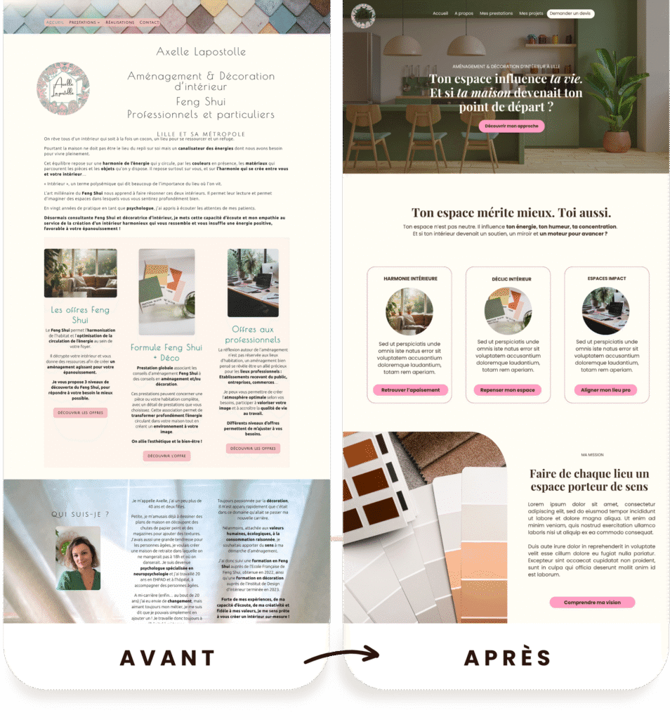 Avant / après de la refonte d’un site internet pour décoratrice Feng Shui – exemple concret de comment créer un site internet qui attire des clients.