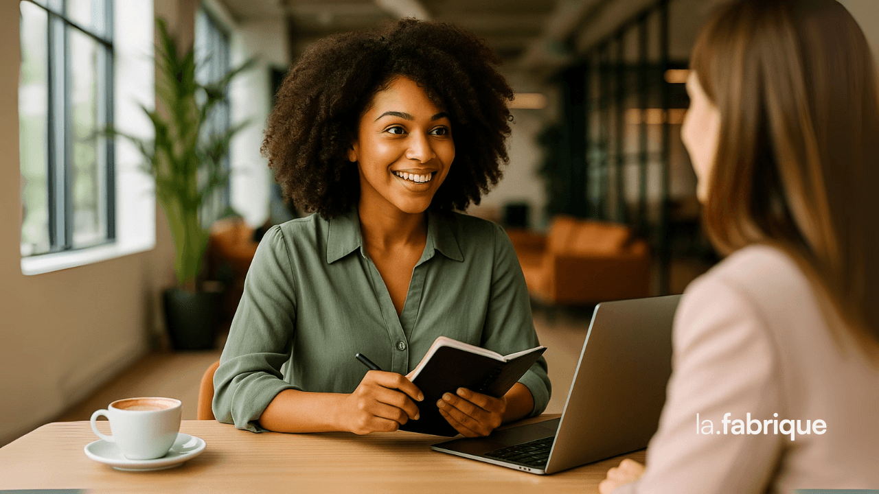 Visuel Business Rentabilité et Avoir plus de clients avec une entrepreneure souriante et carnet de notes.