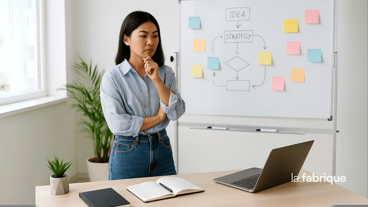 emme entrepreneure asiatique debout devant son bureau, réfléchissant à la refonte de son site internet avec un tableau blanc rempli de post-its et schémas stratégiques.