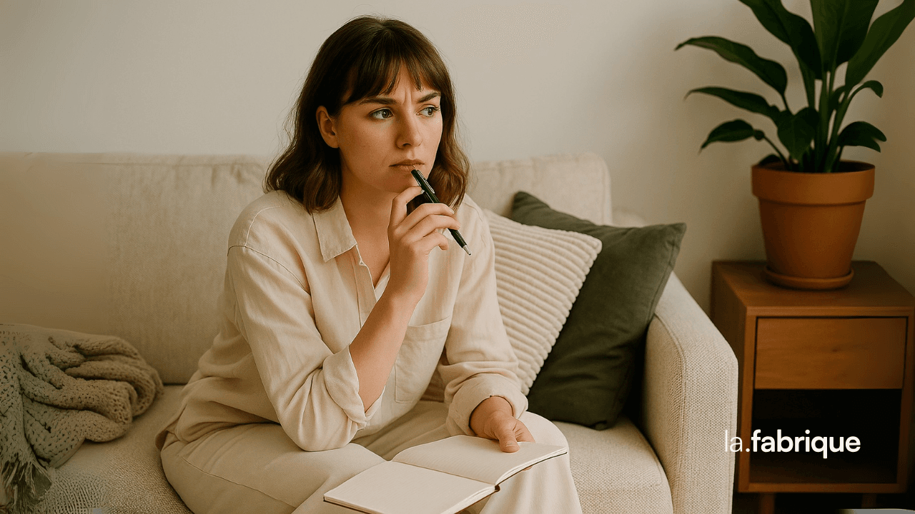 Femme entrepreneure assise sur son canapé, stylo à la bouche et carnet ouvert, l’air pensive, illustrant le syndrome de l’imposteur.