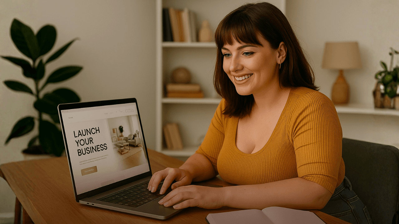 Femme caucasienne avec frange et coupe carrée, souriante et concentrée devant son ordinateur portable affichant une page de site web, dans un bureau à la maison moderne et lumineux.