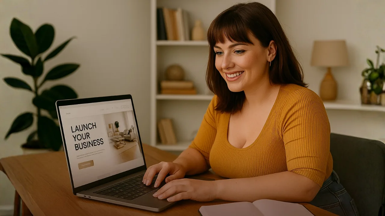 Femme caucasienne avec frange et coupe carrée, souriante et concentrée devant son ordinateur portable affichant une page de site web, dans un bureau à la maison moderne et lumineux.