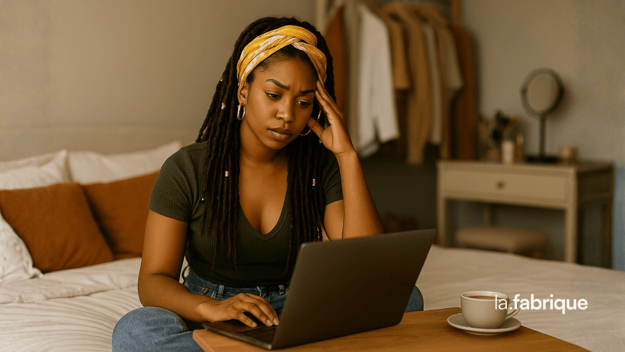 Femme noire avec des dreadlocks ornées de bijoux dorés et un foulard coloré, assise sur son lit dans une chambre lumineuse, avec un bureau de maquillage et un dressing en arrière-plan, illustrant les erreurs à éviter lors du lancement de son site web.