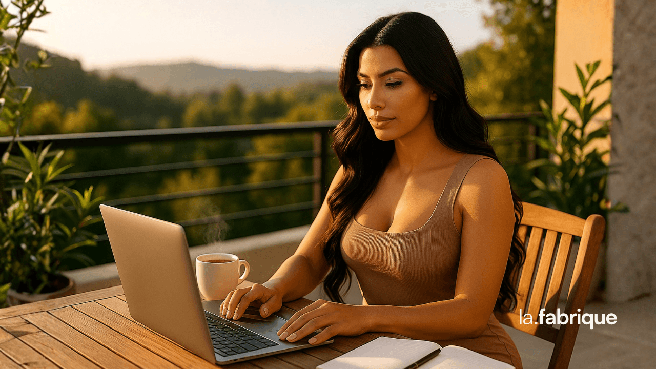 Femme latino élégante aux longs cheveux ondulés, travaillant sur son ordinateur portable sur une terrasse ensoleillée avec une tasse de café, illustrant l’importance d’investir dans son site web pour se lancer et vendre plus vite.