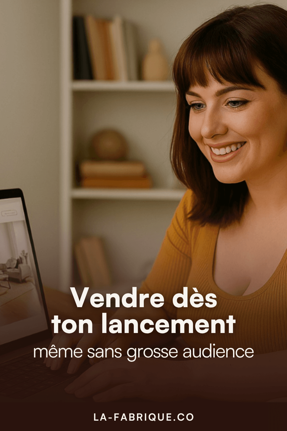 Femme caucasienne avec frange travaillant sur son ordinateur portable dans un bureau à domicile, souriante et concentrée sur son site web.