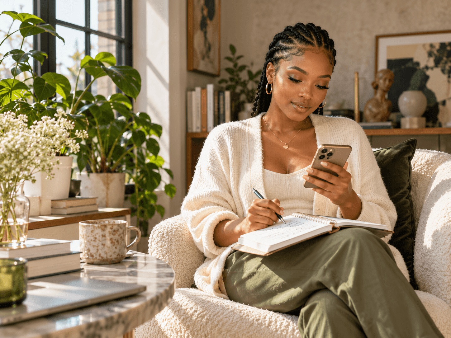 Comment trouver des clients : une entrepreneure consulte son téléphone et prend des notes pour développer son activité.