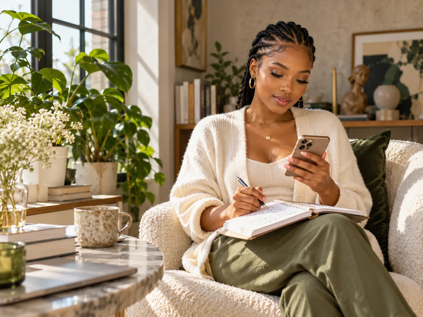Comment trouver des clients : une entrepreneure consulte son téléphone et prend des notes pour développer son activité.